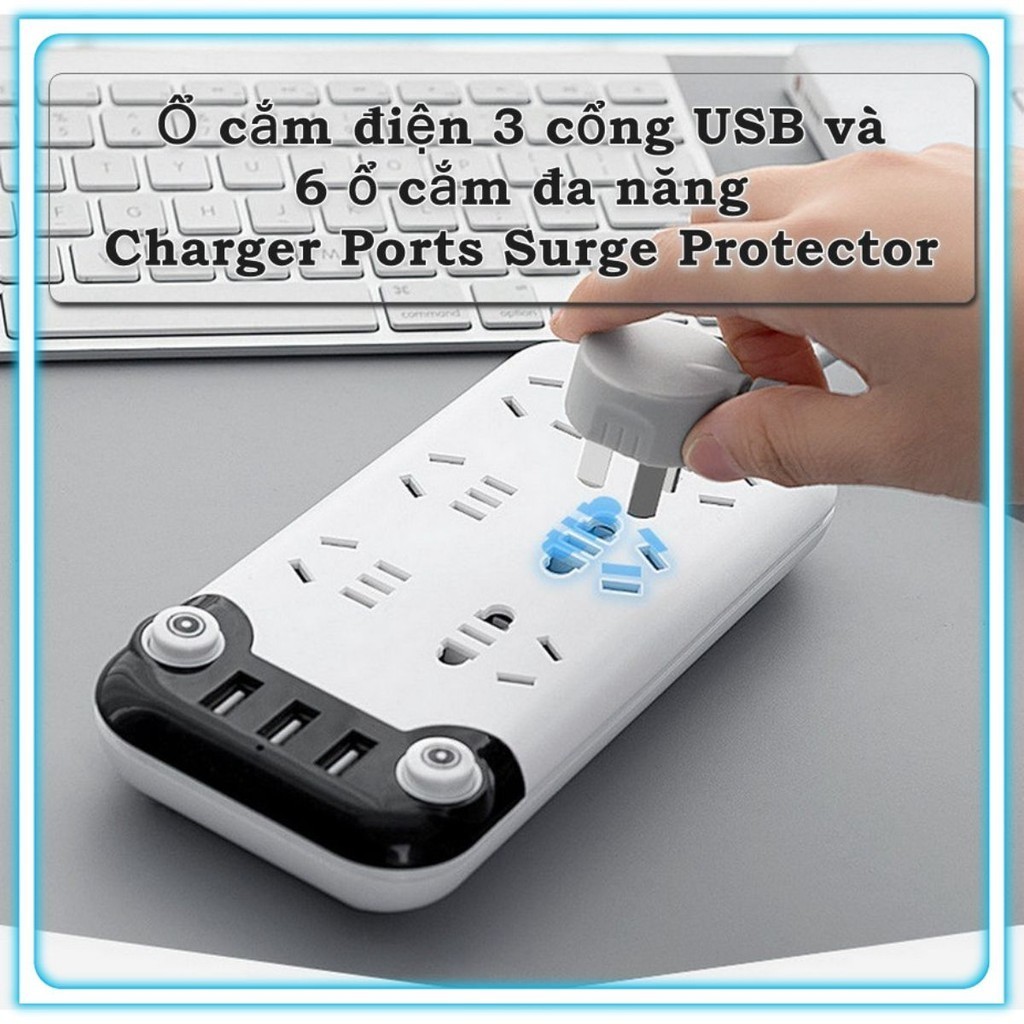 Ổ cắm điện 3 cổng USB và 6 ổ cắm đa năng Charger Ports Surge Protector 🔰Hanrui Shop VN🔰