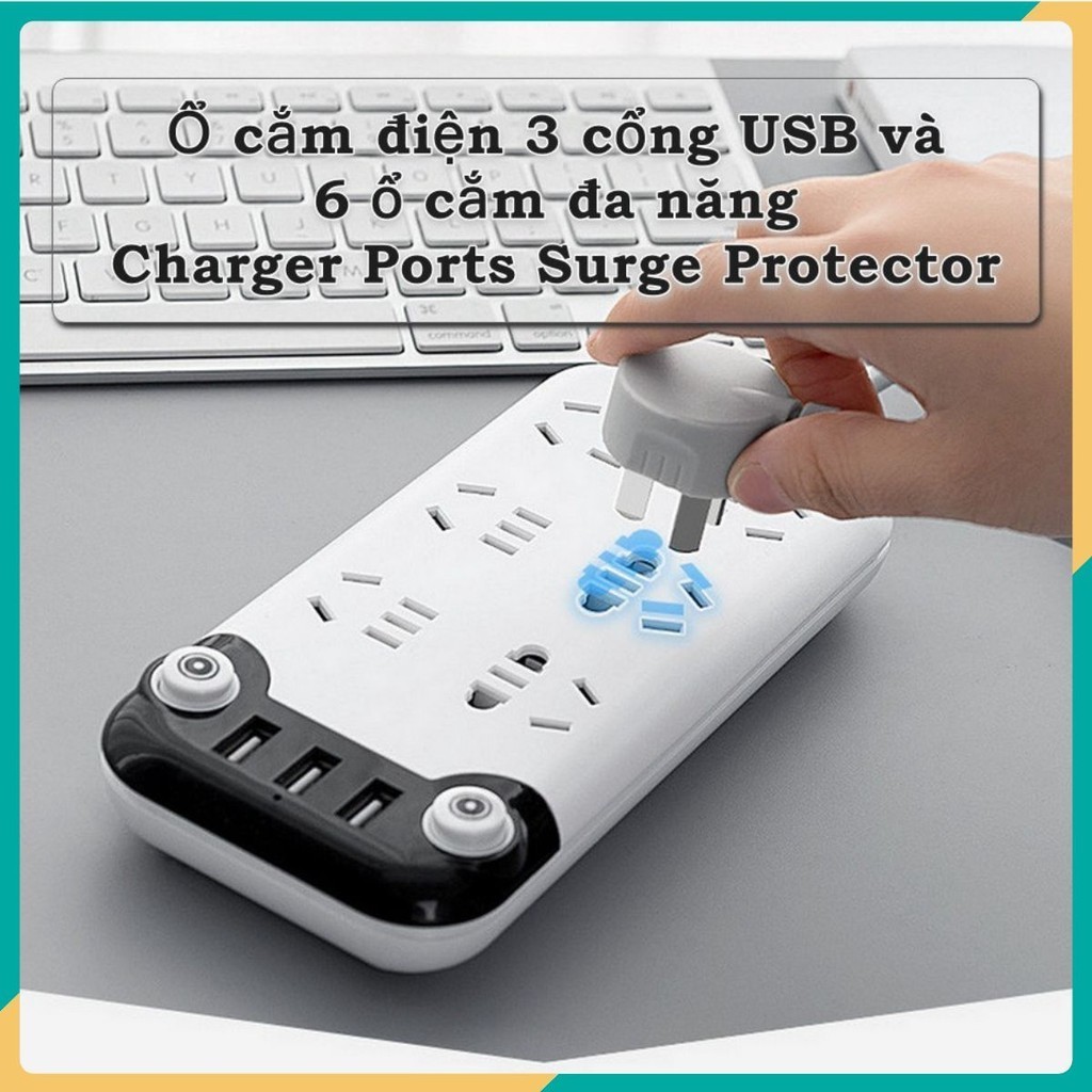 Ổ cắm điện 3 cổng USB và 6 ổ cắm đa năng Charger Ports Surge Protector ⚜️TTHome⚜️