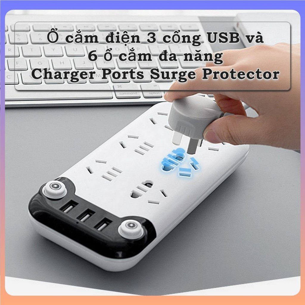 Ổ cắm điện 3 cổng USB và 6 ổ cắm đa năng Charger Ports Surge Protector 💯Store VN💯