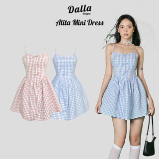Dalla đầm 2 dây phồng 3 nơ xanh, hồng