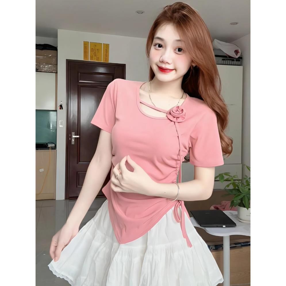 Áo Kiểu Nữ Vạt Nhọn Đính Hoa, Áo Thun Nữ Cộc Tay Chất Tăm Hàn Rút Dây Eo