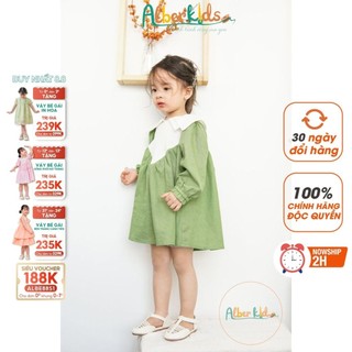 [Hàng Thiết Kế] Váy cho bé gái dáng Baby Doll Xanh phối cổ trắng Thời Trang Alber Kids