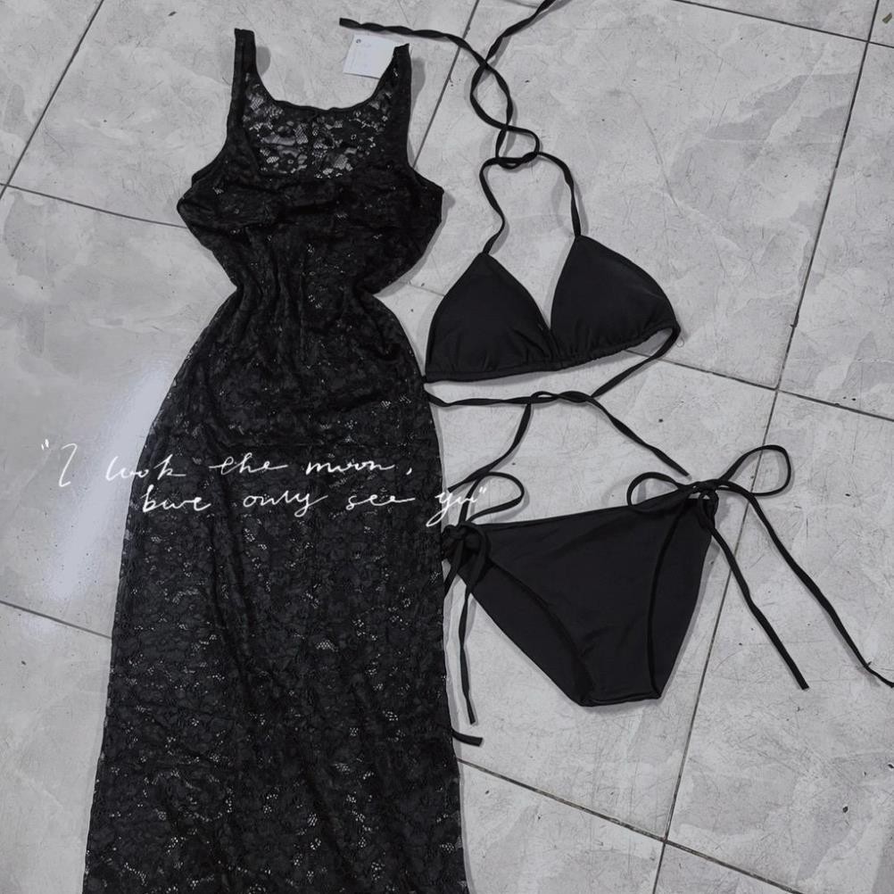 Sét bikini kèm đầm ren dài sét bikini 3 món hình thật Top Nữ Xu hướng màu đen