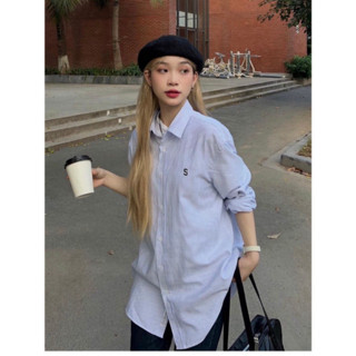 Áo Sơ Mi Kẻ Sọc Xanh UNISEX Nam Nữ Form Rộng Họa Tiết Thêu Chữ S Phong Cách Retrostyle Chất Lanh Lụa Mềm Mịn KO Nhăn