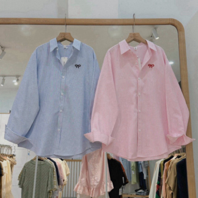 Áo sơ mi kẻ thêu hình gấu W form suông rộng , áo sơ mi oversize form khoác Hàn Quốc, Kẻ sọc Women Nữ Top Shirt | BigBuy360 - bigbuy360.vn