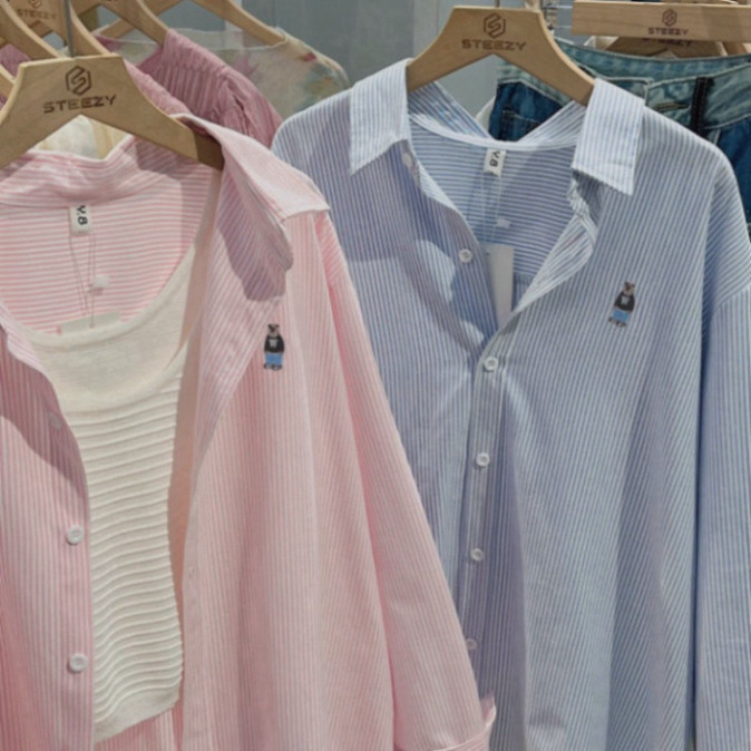 Áo sơ mi kẻ thêu hình gấu W form suông rộng , áo sơ mi oversize form khoác Hàn Quốc, Kẻ sọc Women Nữ Top Shirt | BigBuy360 - bigbuy360.vn