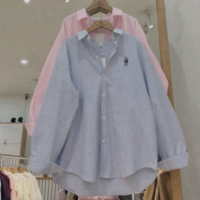 Áo sơ mi kẻ thêu hình gấu W form suông rộng , áo sơ mi oversize form khoác Hàn Quốc, Kẻ sọc Women Nữ Top Shirt | BigBuy360 - bigbuy360.vn