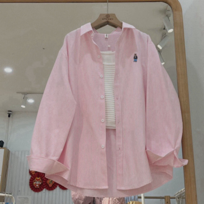 Áo sơ mi kẻ thêu hình gấu W form suông rộng , áo sơ mi oversize form khoác Hàn Quốc, Kẻ sọc Women Nữ Top Shirt | BigBuy360 - bigbuy360.vn