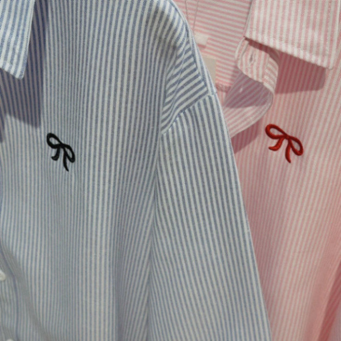 Áo sơ mi kẻ thêu hình gấu W form suông rộng , áo sơ mi oversize form khoác Hàn Quốc, Kẻ sọc Women Nữ Top Shirt | BigBuy360 - bigbuy360.vn