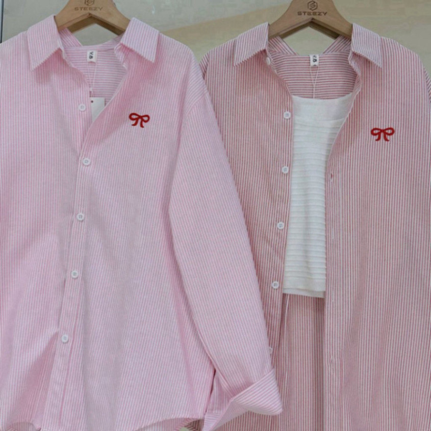 Áo sơ mi kẻ thêu hình gấu W form suông rộng , áo sơ mi oversize form khoác Hàn Quốc, Kẻ sọc Women Nữ Top Shirt | BigBuy360 - bigbuy360.vn