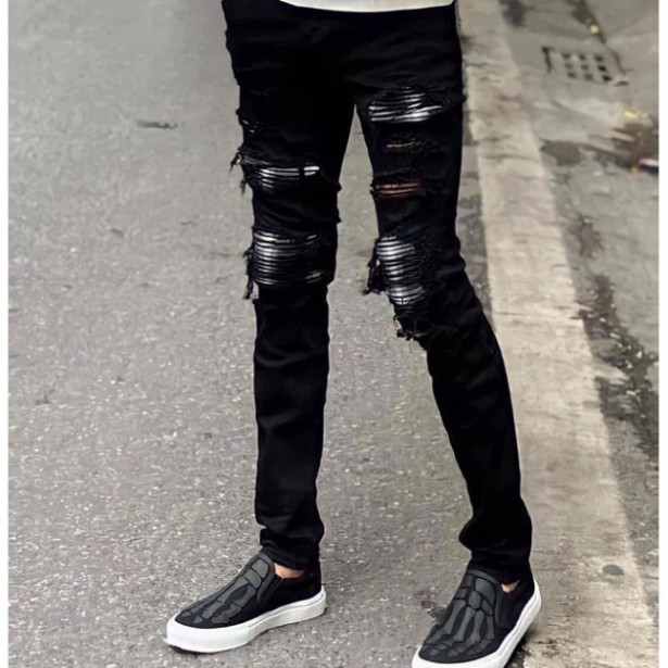 Quần Bò Nam 4 Cúc Đen Vá Vải Xám Loang Nhăn Ống Côn Bó Sát Quần bò màu đen gối vá xù co giãn 4 chiều