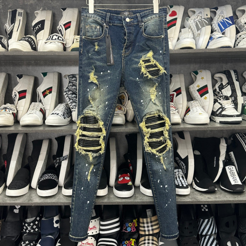 Quần Jean Nam Xanh Rêu Vẩy Sơn 4 Cúc Vá Da Nhăn Đen Quần Bò Nam Xanh Sẫm Lót Da Cao Cấp Chất Co Dãn