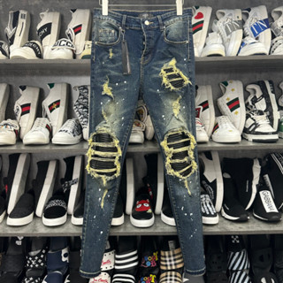 Quần Jean Nam Xanh Rêu Vẩy Sơn 4 Cúc Vá Da Nhăn Đen Quần Bò Nam Xanh Sẫm Lót Da Cao Cấp Chất Co Dãn