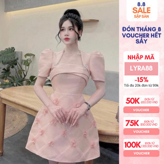 Đầm tafta ngắn tay vai bồng đính hoa đi tiệc Lyra VTT115