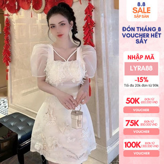 Váy tafta cổ vuông vai bồng đính hoa đi chơi đi tiệc Lyra VTT107