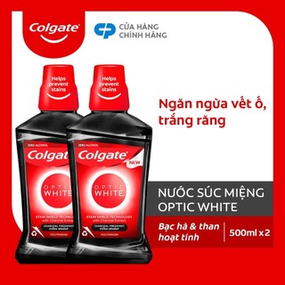 Bộ 2 Nước súc miệng Colgate Optic White trắng răng than hoạt tính bạc hà the mát 500ml/chai