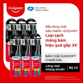Bộ 12 Bàn chải Colgate SlimSoft Charcoal than hoạt tính kháng khuẩn siêu mềm mảnh