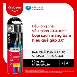 Bộ 2 Bàn chải Colgate SlimSoft Charcoal than hoạt tính kháng khuẩn siêu mềm mảnh