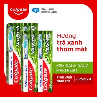 Bộ 4 Kem đánh răng Colgate Maxfresh Trà Xanh the mát 225g/tuýp tặng bàn chải