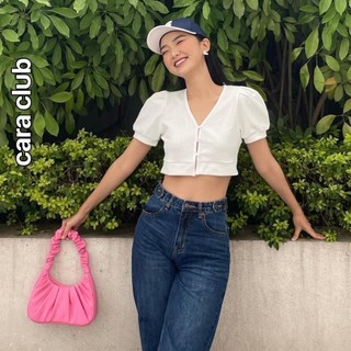 CARA Áo croptop nữ Roxana màu trắng tay ngắn cổ trái tim tay phồng sành điệu trẻ trung dạo phố