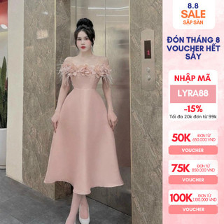 Đầm tafta hoa ngực trễ vai đính lông vũ dáng dài Lyra VTT095