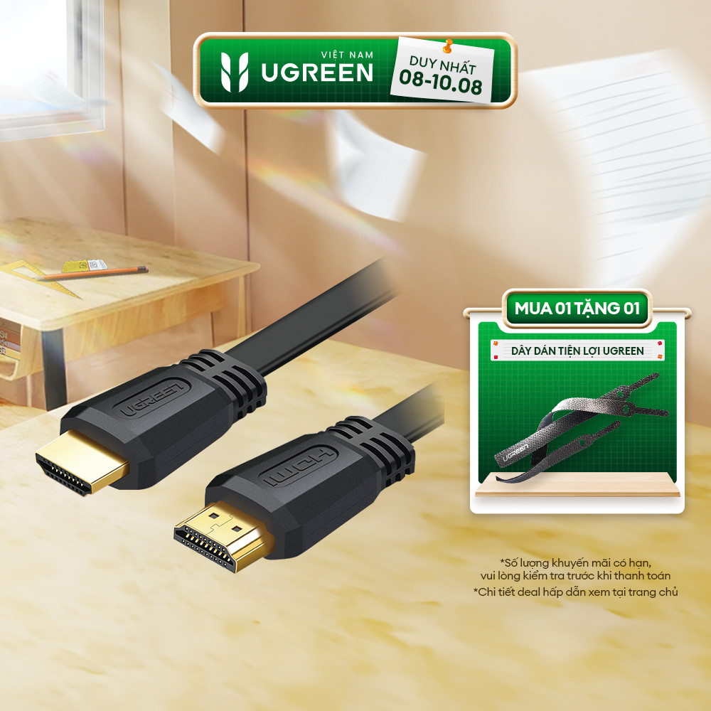 Cáp HDMI 2.0 Ugreen ED015 Dạng dây bẹt | Hỗ trợ độ phân giải 3D 4Kx2K 4096x2160p/30Hz | Bảo Hành 1 đổi 1 18 Tháng |