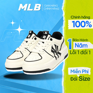 Giày MLB chính hãng Chunky Liner New York Yankees, giày sneaker NY cổ thấp đế cao 4,5cm màu trắng phối logo đen (CD)