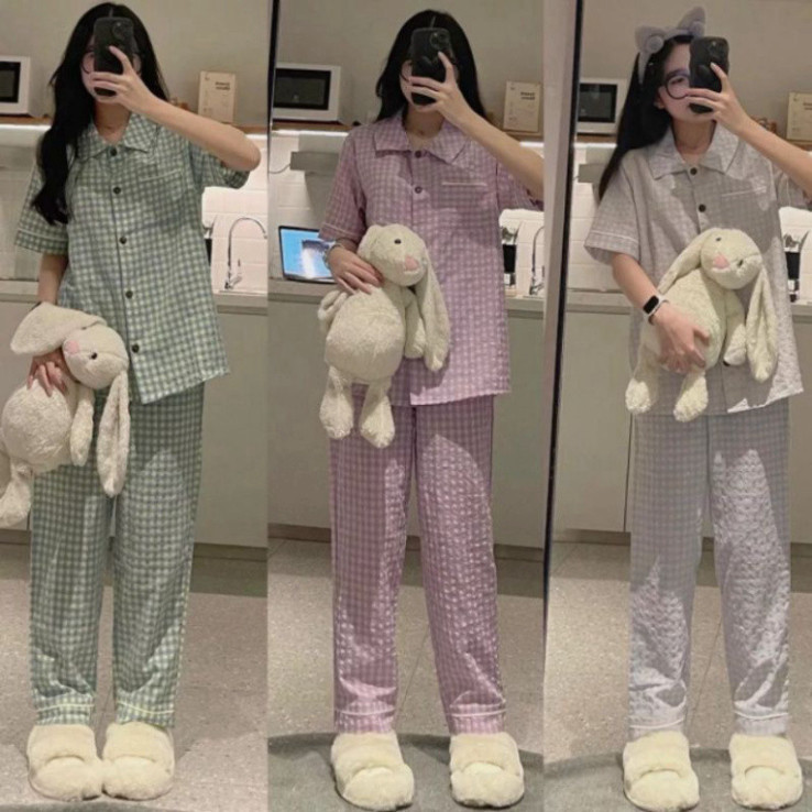 Bộ Pyjama Kẻ Xốp Loại 1 Caro Tay Cộc Quần Dài Siêu Hot