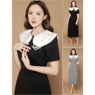 [010824]  Hàng nhập - Đầm dáng ôm thun mịn mát cổ sen trắng đính hạt, váy body form dài tay ngắn sang trọng