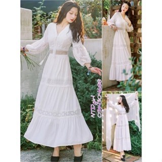 [010824]  Hàng nhập - Đầm dáng xòe maxi xô ren trắng tay búp, váy tiểu thư Quảng Châu cổ V thắt dây nơ