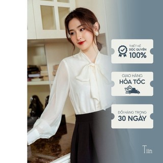 Áo sơmi nữ chất tơ cổ thắt nơ tay măng sec thiết kế tiểu thư công sở sang chảnh TIINSTORE AHD408