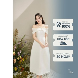 Váy trễ vai đi tiệc đính khuy đá dây chéo màu kem tiinstore vhn1051