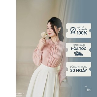 Áo sơ mi nữ cổ tàu thiết kế thắt nơ đáp cúp trần mí nữ tính tiinstore ahd1055