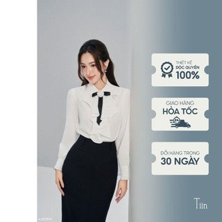 Áo sơ mi nữ cổ đức thiết kế bèo cài nơ hoa công sở thanh lịch tiinstore ahd993