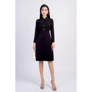 Đầm dáng a, tay dài, cổ nơ, đính cúc đá tt MMOutfit DA0822526