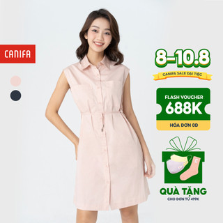 Váy liền nữ canifa chất liệu cotton sát nách cổ đức có đai thắt eo 6ds23s006