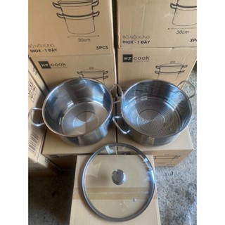 Bộ nồi xửng hấp 30cm inox HT Cook 1 đáy từ nắp kính