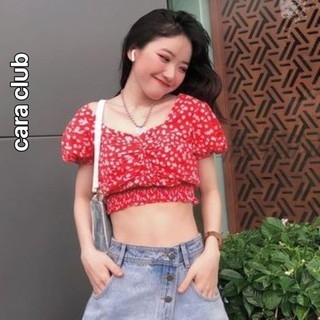 CARA Áo croptop nữ Xavia màu navy và đỏ dáng croptop ngắn tay phồng tính