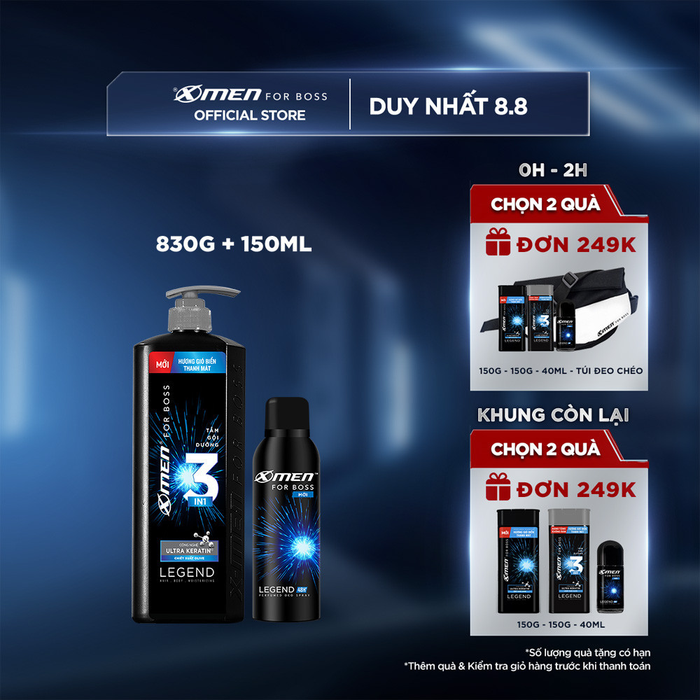 Combo Tắm - Gội - Dưỡng 3In1 830G Và Xịt Khử Mùi X - Men For Boss 150Ml Legend Hương Gió Biển Thanh Mát
