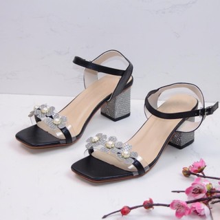 (Ảnh thật) Giày sandal nữ cao gót vuông bọc da ánh kim 5p quai bản trong kết hoa mai đính châu - SD232