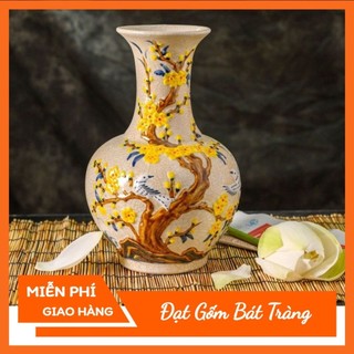 Lọ hoa - bình cắm hoa dáng củ tỏi hút lộc men rạn đắp hoa mai gốm sứ Bát Tràng