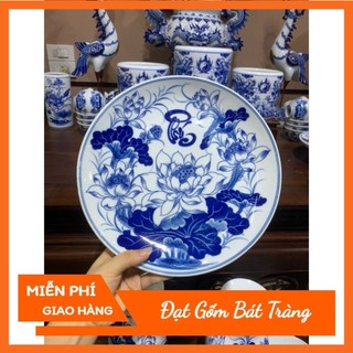 Mâm bồng men lam vẽ hoa sen - đĩa bày quả đồ thờ cúng cao cấp gốm sứ bát tràng