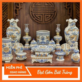 Bộ thờ cúng gia tiên đồ thờ men hoàng thổ đắp nổi gốm sứ cao cấp Bát Tràng