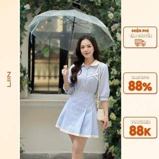 Set áo kẻ xanh chân váy xếp ly - liin clothing - saj212pri-s24