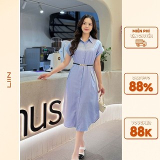 Đầm sơ mi suông xanh đai đen - liin clothing - vsd304sbl-s24