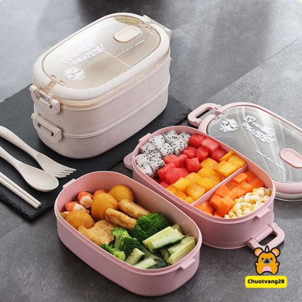 Hộp đựng cơm lúa mạch 2 tầng kèm đũa, thìa