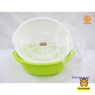 Bộ rổ nhựa kèm chậu có nắp đậy rửa rau hoa quả Việt Nhật size 30cm cao cấp