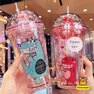 Bình đựng nước nhựa 2 lớp hình khủng long 3D dễ thương 380ml (kèm ống hút)