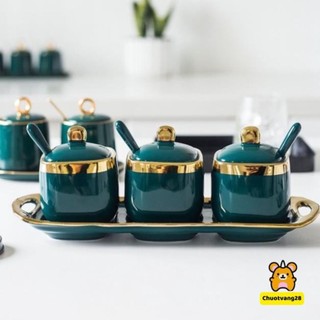 Hũ gia vị sứ, bộ đựng gia vị sứ xanh cổ vịt kèm khay thìa cao cấp