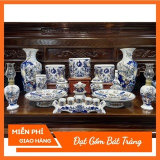 Bộ thờ cúng - Đồ thờ cúng men lam vẽ vàng gốm sứ Bát Trang